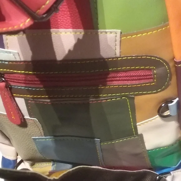 Boho Multicolor Patchwork Leather Backpack | Colorful Festival Cottagecore Y2K - Picture 7 of 16